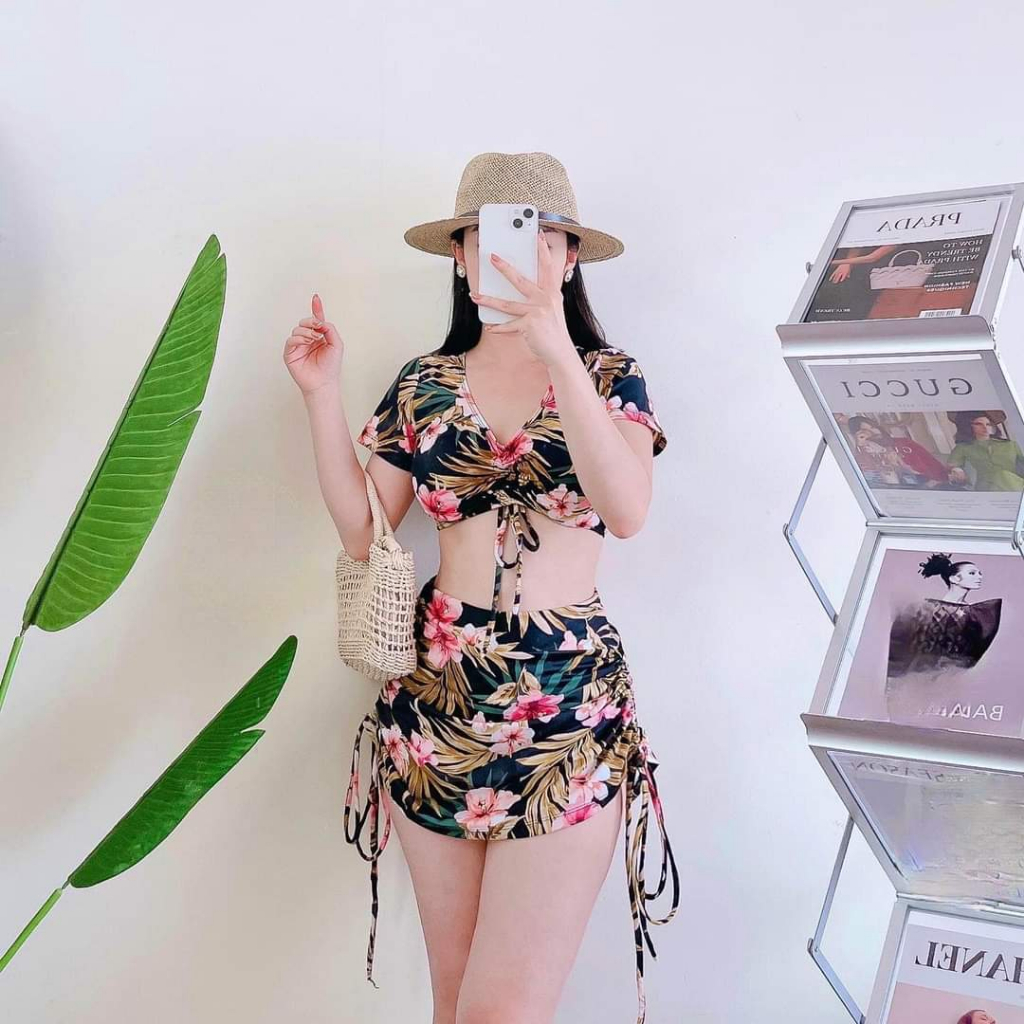 Đồ bơi nữ Bikini đi biển áo tắm dây rút Ngực Váy Rút Lưng Cao The Queen Bikini 025