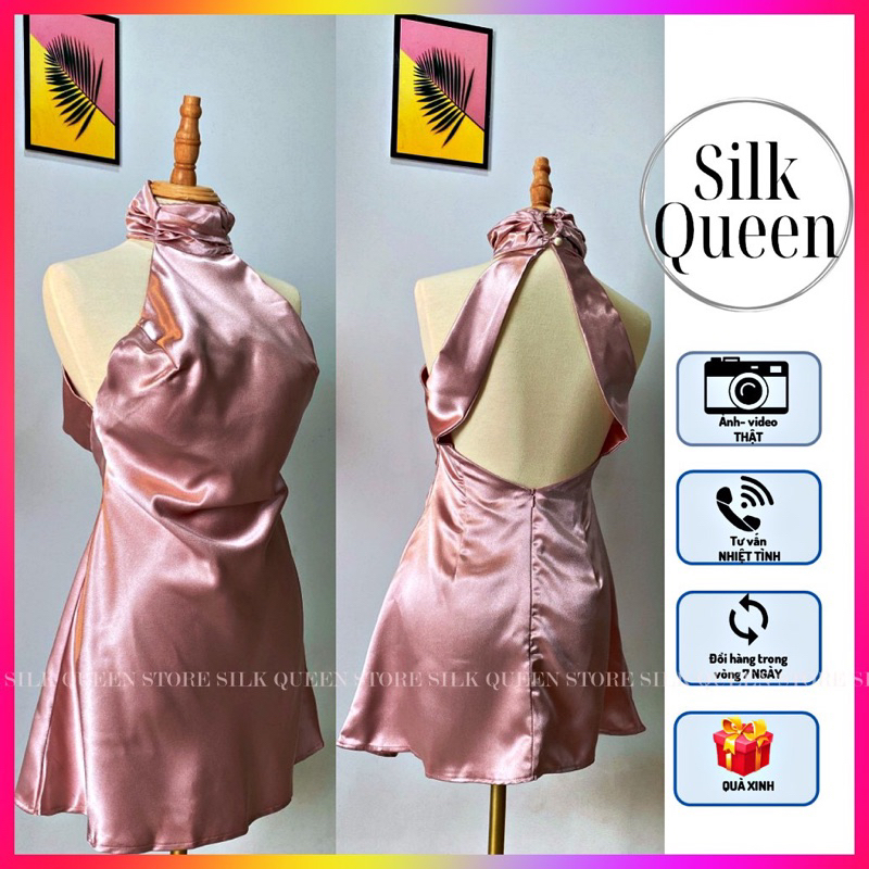 Váy lụa ngắn cổ lọ hở lưng sang chảnh, đầm lụa ngắn trắng hồng dể thương