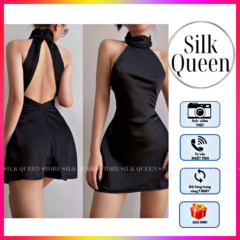 Váy lụa ngắn cổ lọ hở lưng sang chảnh, đầm lụa ngắn trắng hồng dể thương