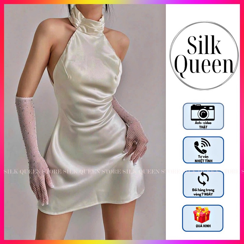 Váy lụa ngắn cổ lọ hở lưng sang chảnh, đầm lụa ngắn trắng hồng dể thương