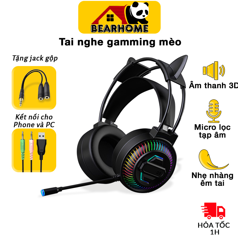 Tai nghe chụp tai có dây tai nghe gaming mèo có micro học online chơi game thoải mãi đệm tai  thoáng mát Headphone Cute