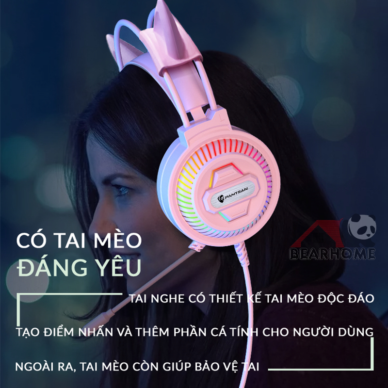 Tai nghe chụp tai có dây tai nghe gaming mèo có micro học online chơi game thoải mãi đệm tai  thoáng mát Headphone Cute