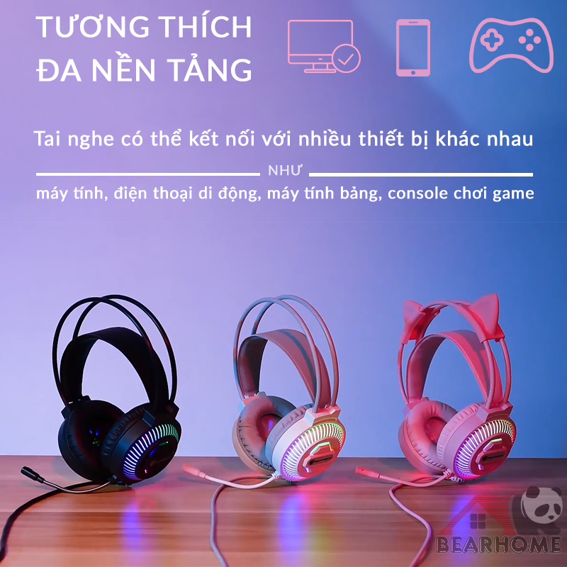 Tai nghe chụp tai có dây tai nghe gaming mèo có micro học online chơi game thoải mãi đệm tai  thoáng mát Headphone Cute