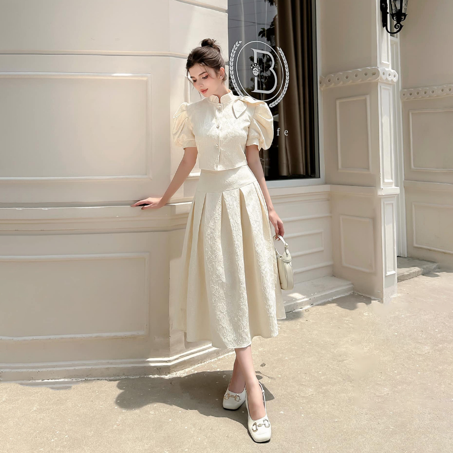 Chân váy nữ midi thiết kế dáng dài Dagi Skirt H.I.U Fashion , vải gấm hàn vân hoa dày dặn cao cấp sang trọng HIU design