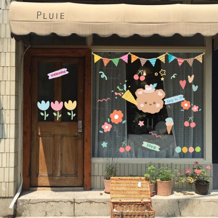 Hình dán flower aesthetic trang trí tường gương, kính cửa hàng theo yêu cầu cute 15