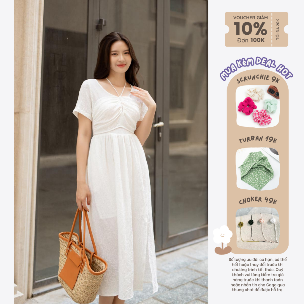 Đầm midi giả yếm thắt dây sau cổ tay ngắn thời trang GAGO màu trắng GG4343