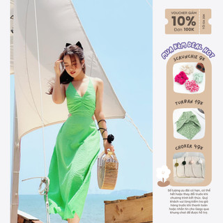 Đầm maxi midi yếm dây cut out eo thời trang GAGO màu xanh neon GG4362