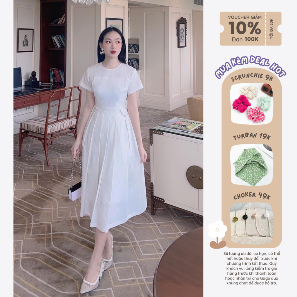 Đầm midi tay ngắn, cổ tròn, thân dập ly, giả nịt 2 bên GAGO màu trắng GG4345