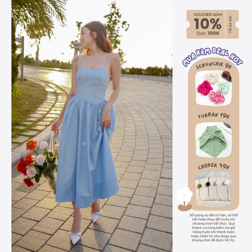 Đầm dây midi tùng nhún thời trang GAGO màu xanh baby GG4364