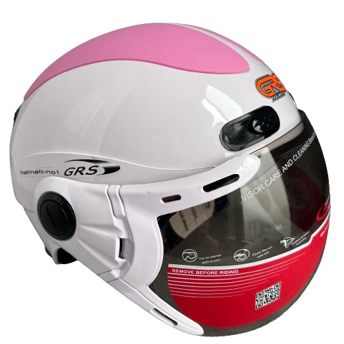 Mũ bảo hiểm Nửa đầu có kính cao cấp - GRS A102k - Trắng line hồng - Vòng đầu 54-57cm - Bảo hành 12 tháng