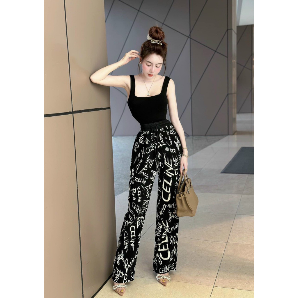 Đồ Bộ Dài Aó 2 Dây Mix Quần suông Họa Tiết Hack Dáng,Thời Trang Dạo Phố Chất Thun Gân in 3D Cao Cấp