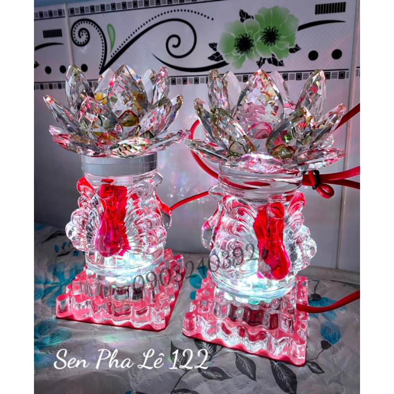 2 đèn bàn thờ hoa sen pha lê trang trí bàn gia tiên , thờ phật , thờ cúng ông bà