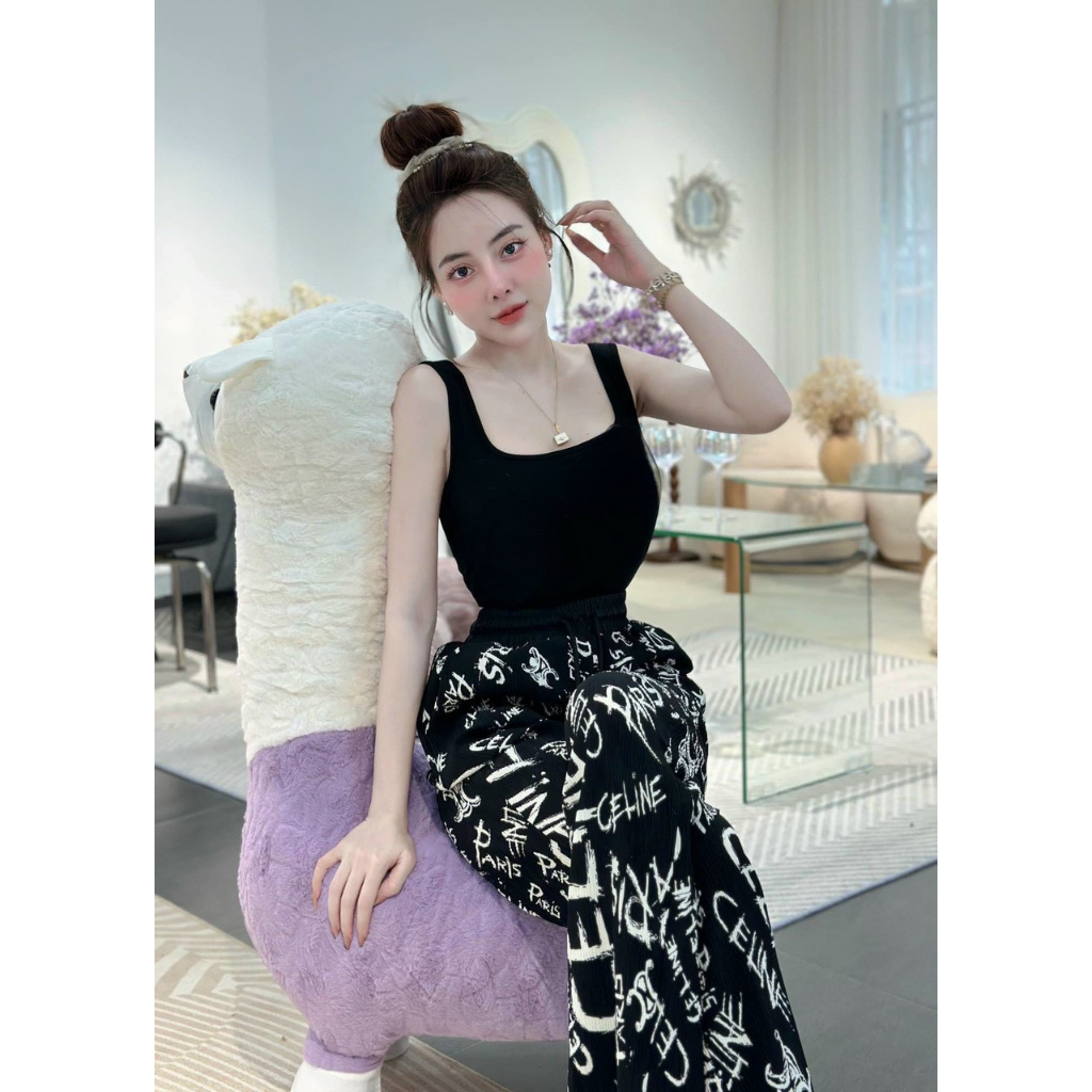 Đồ Bộ Dài Aó 2 Dây Mix Quần suông Họa Tiết Hack Dáng,Thời Trang Dạo Phố Chất Thun Gân in 3D Cao Cấp