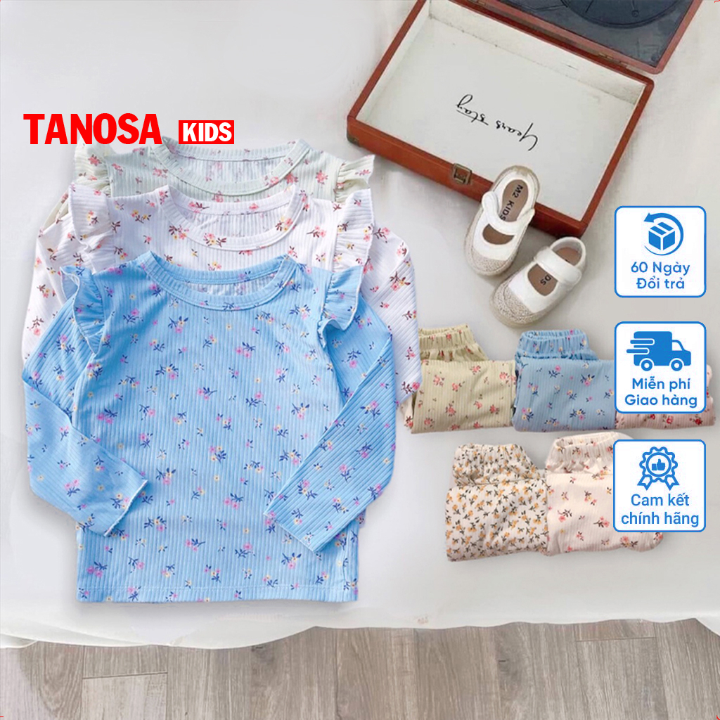Bộ dài tay len tăm bé gái, bộ hoa nhí cánh tiên TANOSA bèo vai ống rộng dáng xòe xinh xắn cho bé 8-24kg