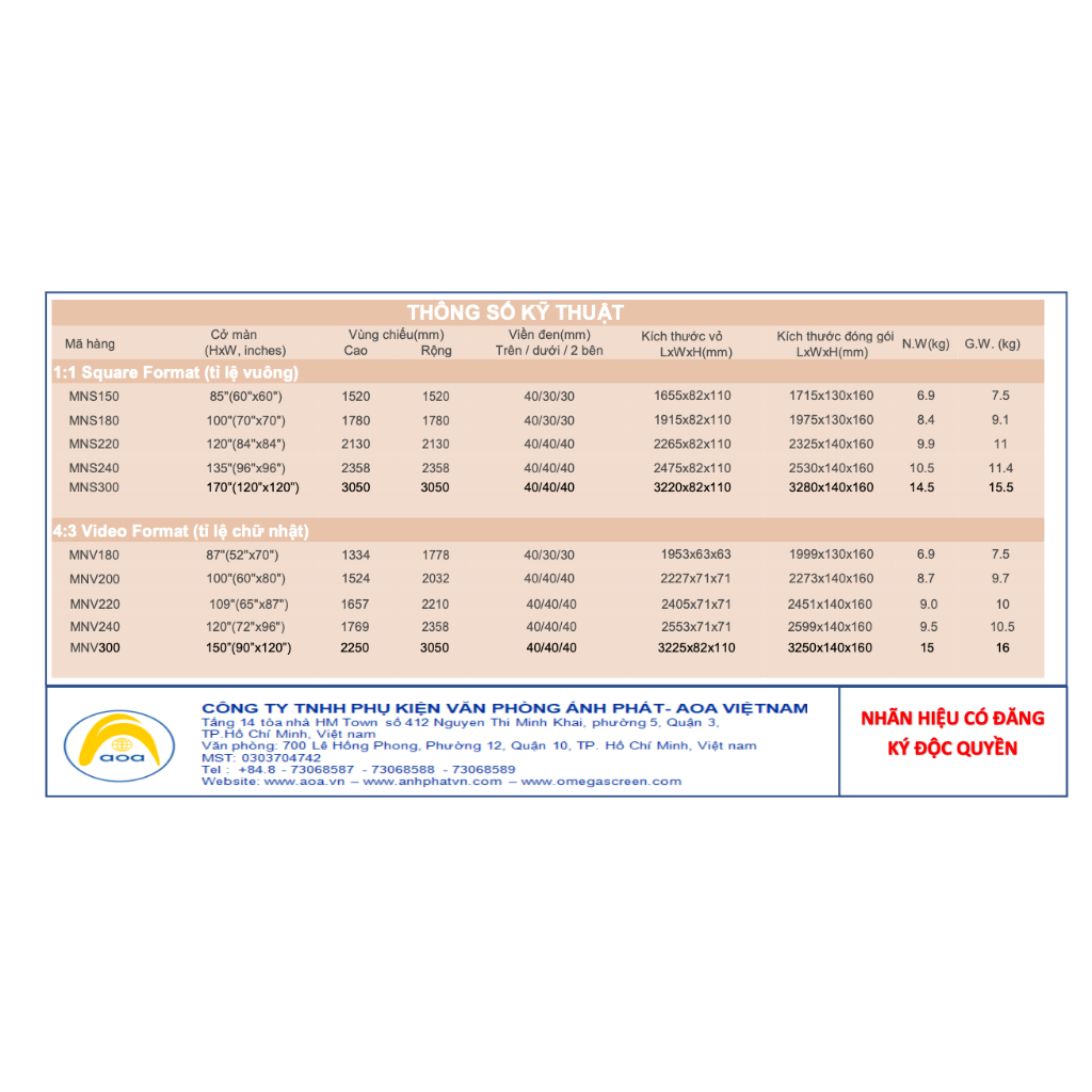 Màn chiếu treo tường Apollo chính hãng kích thước 85 inch tới 170 inch