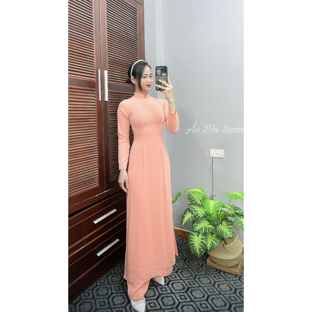 Áo dài truyền thống lụa mỹ màu cam sữa 2 tà tay dài tôn dáng da che khuyết điểm saam 2023