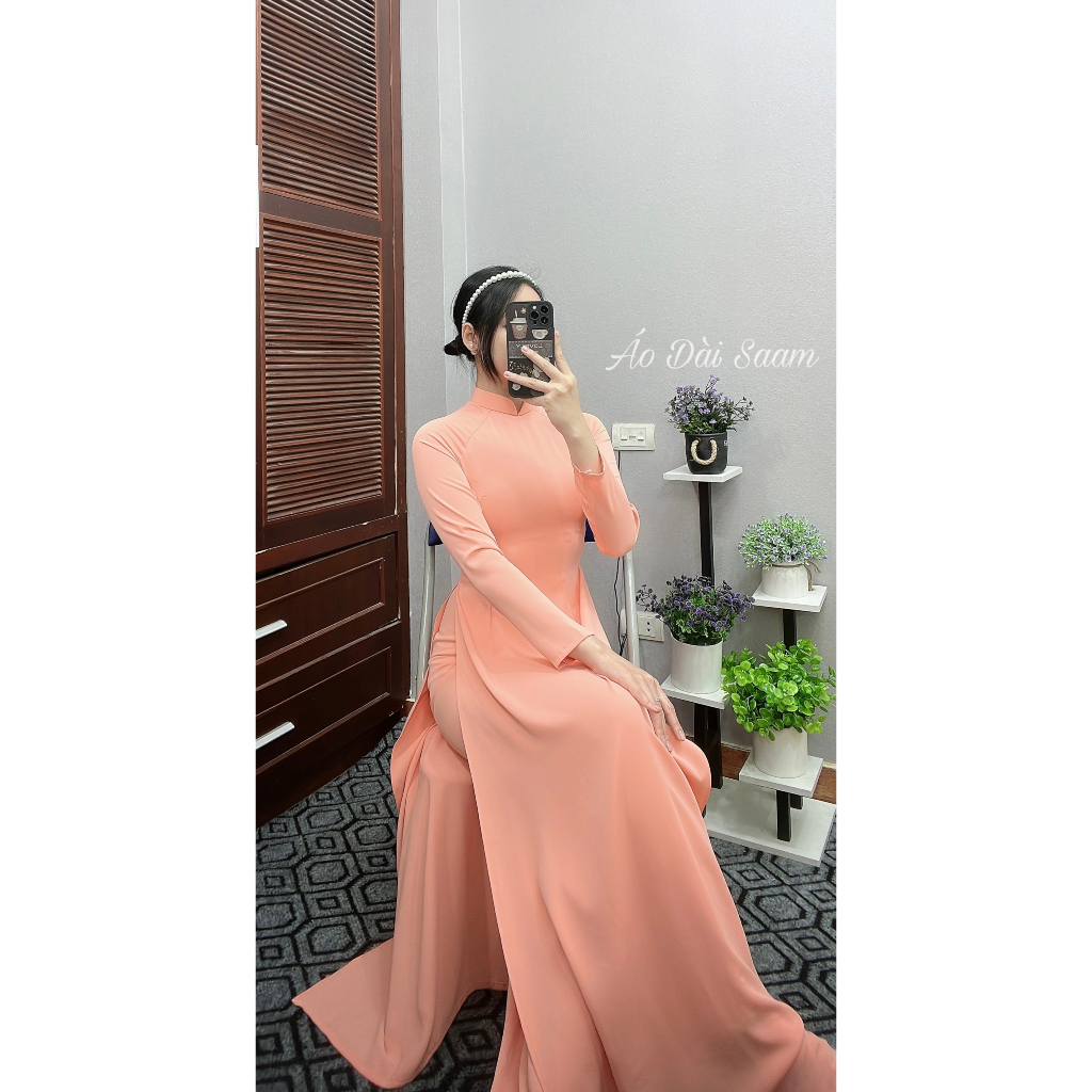 Áo dài truyền thống lụa mỹ màu cam sữa 2 tà tay dài tôn dáng da che khuyết điểm saam 2023
