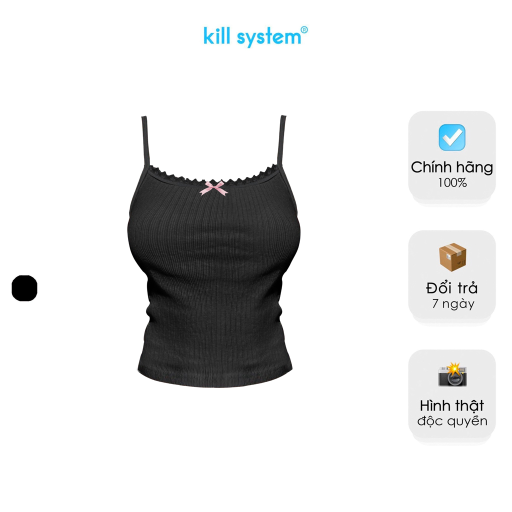 Áo 2 dây Kill System Aloha cami màu đen đính nơ viền ren chất thun co giãn