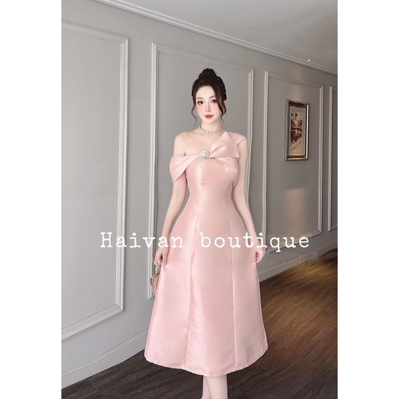 Váy Trễ Vai Nơ Đầm Dự Tiệc Dáng Dài Trắng Hồng Kèm Tag Đá Sang Chảnh