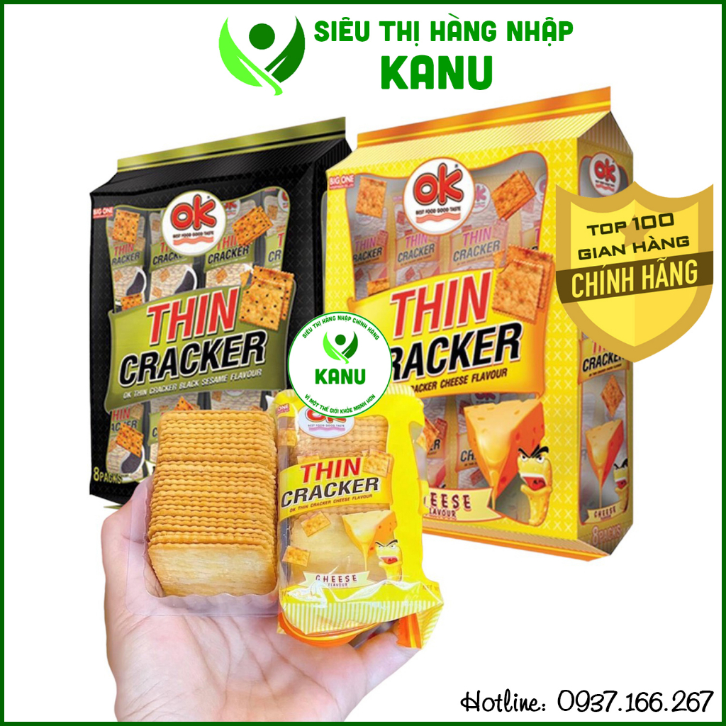 Bánh quy mỏng giòn vị phô mai mè đen OK Thin Cracker Thái Lan 256g, đồ ăn vặt ngon rẻ