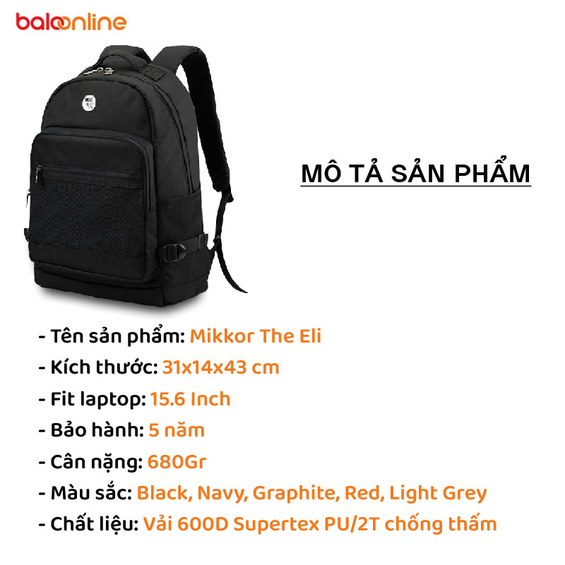 Balo Mikkor The Eli Đựng Laptop 15.6 Inch Thời Trang Hàn Quốc Đi Học Đi Làm Đi Chơi