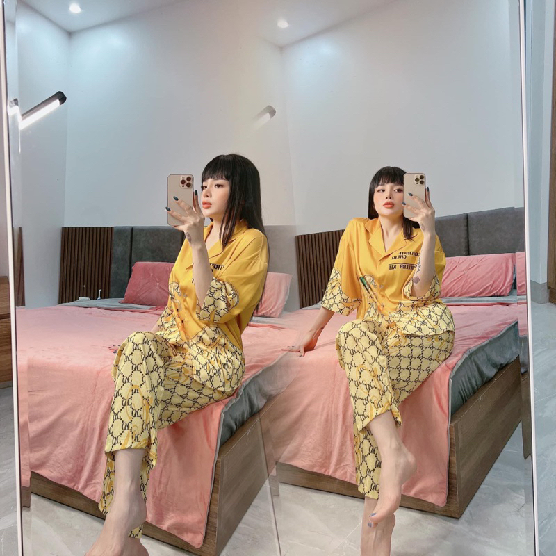 Bộ Pyjama Nữ Tay Dài Chất Lụa Xước Latin Đẹp Mắt Thoáng Mát Hàng Thiết Kế Siêu Xinh