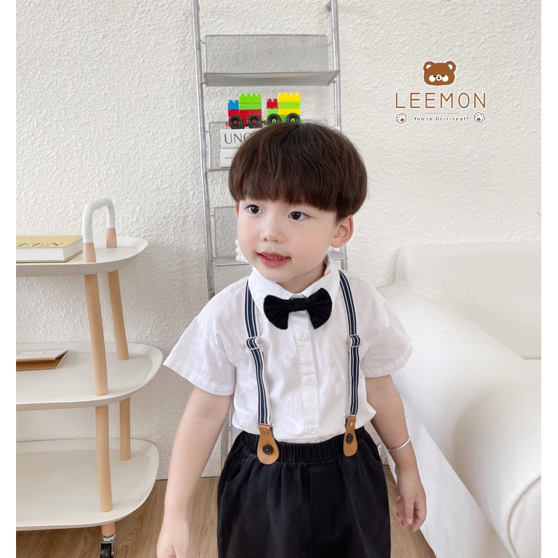 Bộ sơ mi thô công tử kèm yếm kèm nơ leemon cho bé 9 đến 24kg