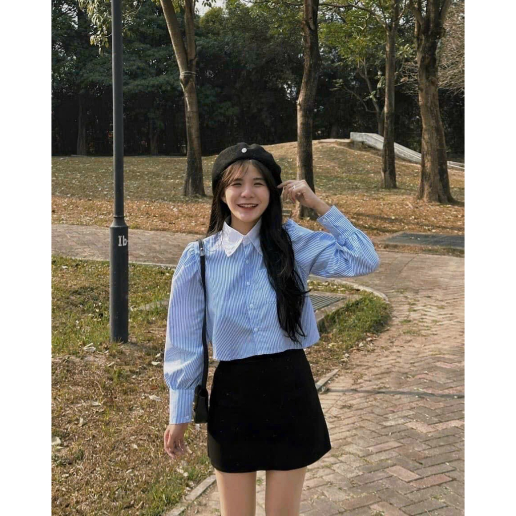 áo sơ mi sọc dọc màu xanh phối cổ trụ viền trắng sm90