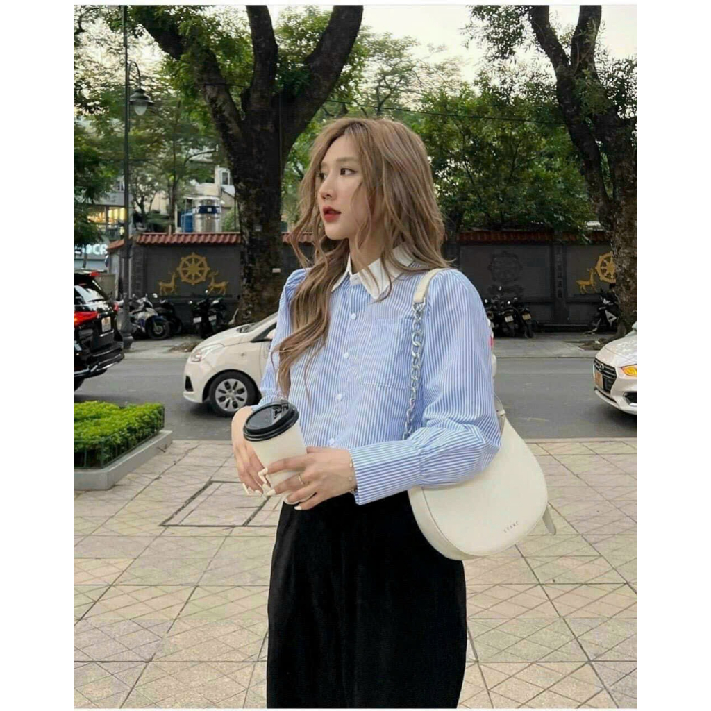 áo sơ mi sọc dọc màu xanh phối cổ trụ viền trắng sm90