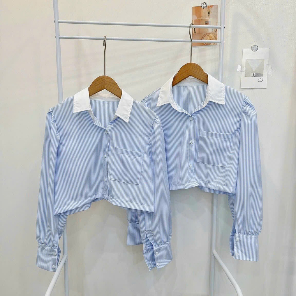 áo sơ mi sọc dọc màu xanh phối cổ trụ viền trắng sm90