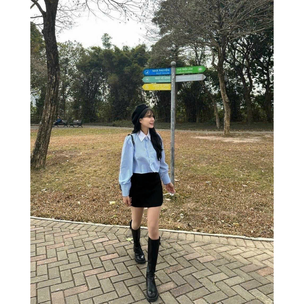 áo sơ mi sọc dọc màu xanh phối cổ trụ viền trắng sm90