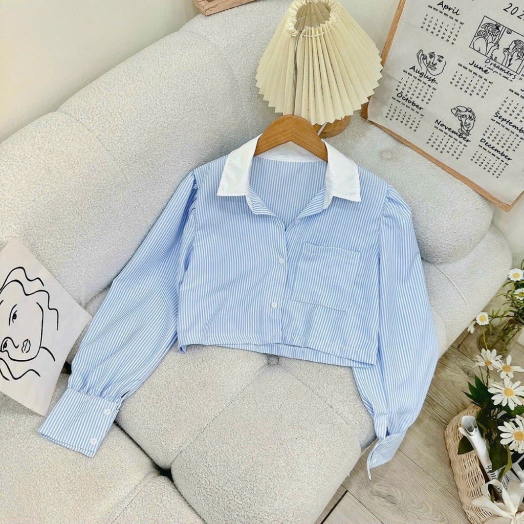 áo sơ mi sọc dọc màu xanh phối cổ trụ viền trắng sm90