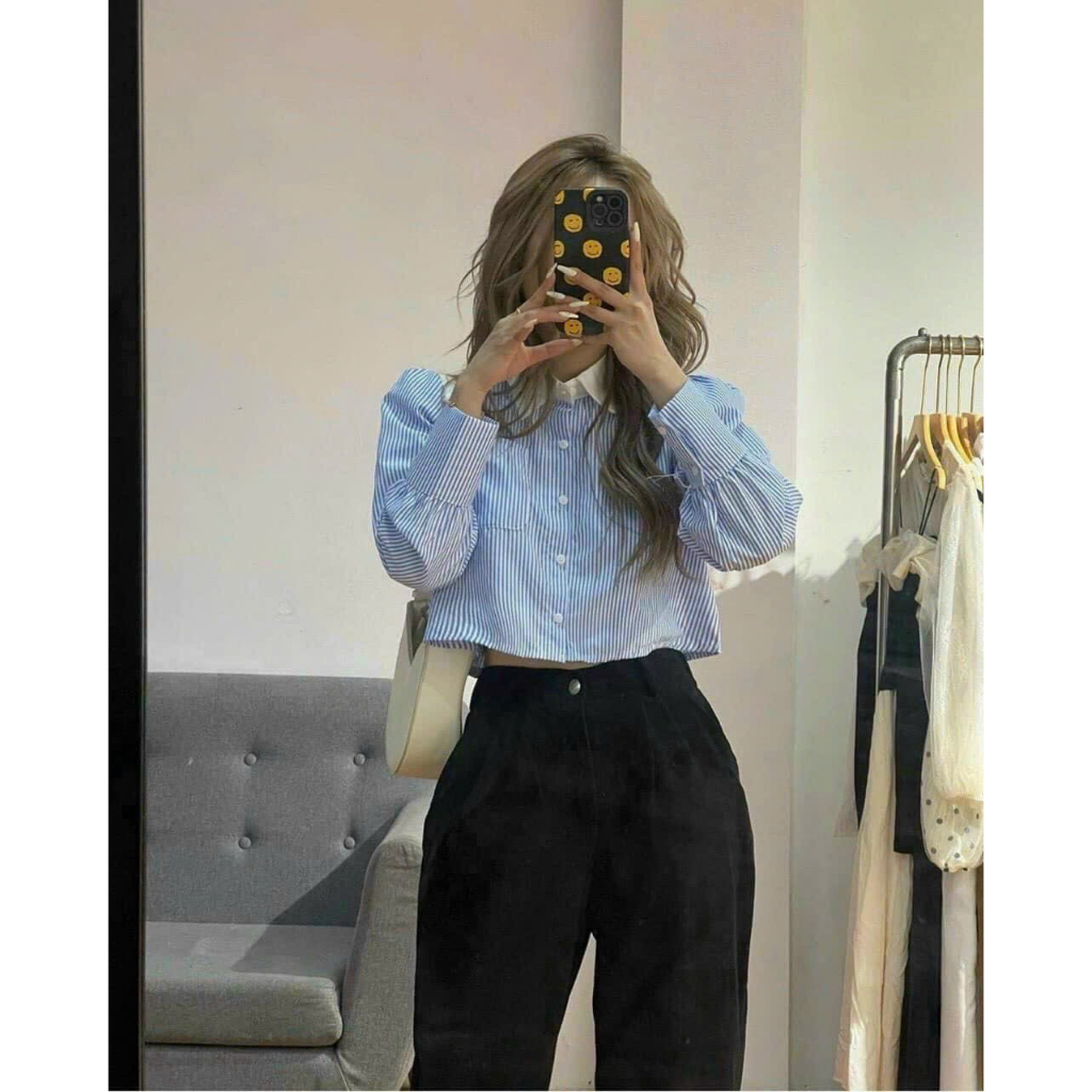 áo sơ mi sọc dọc màu xanh phối cổ trụ viền trắng sm90