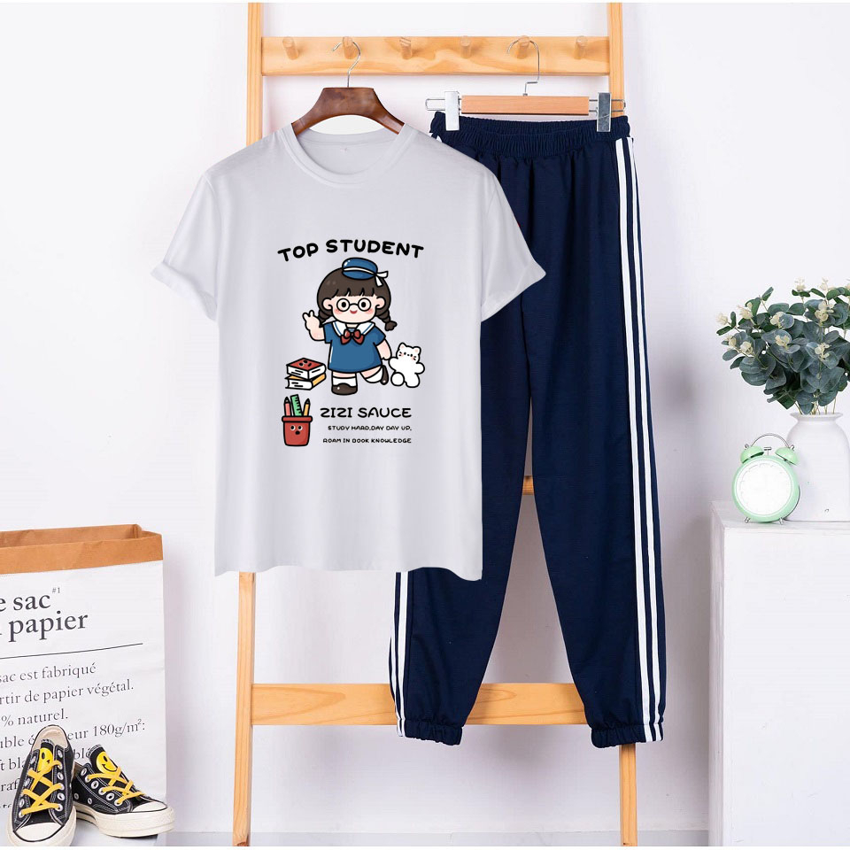 Set Đồ Bộ Nữ Mùa Hè Đẹp, Đi Chơi Siêu Xinh, Áo Thun Phông Nữ Cotton In Loạt Hình Siêu Dễ Thương Mix Quần Đen Sọc Bo Ống