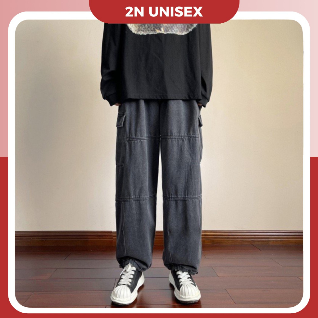 Quần jean túi hộp ống rộng nam nữ 2N Unisex cargo pants có dây rút màu xám Q03