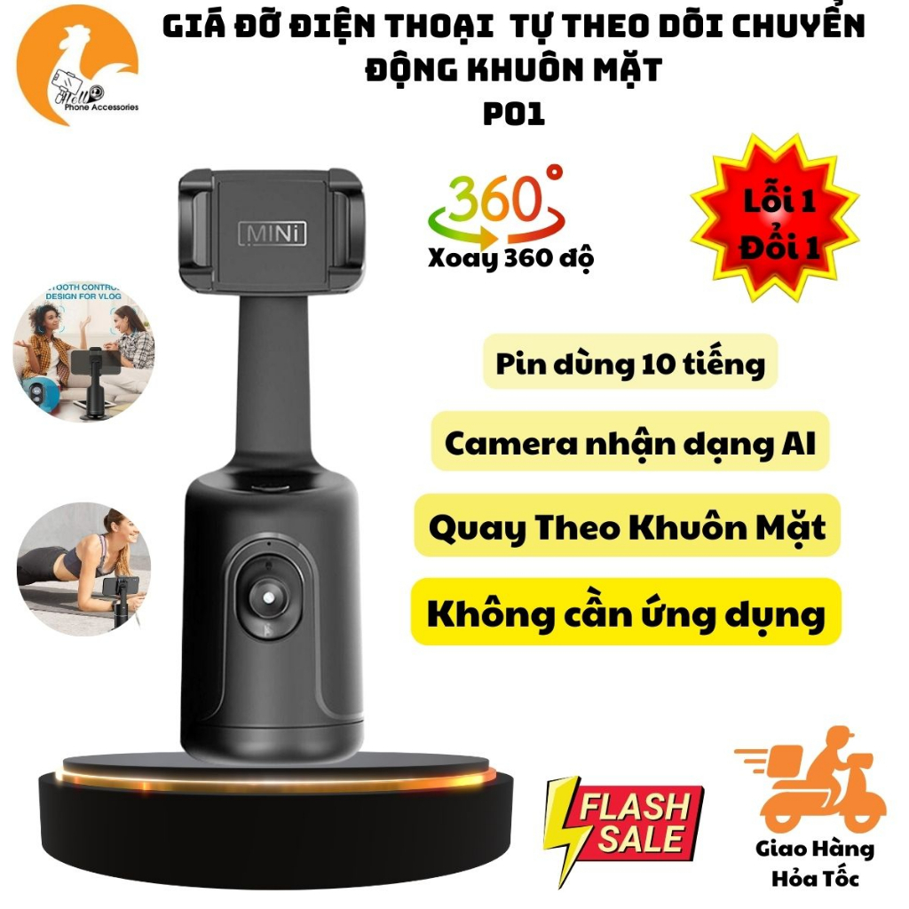 Giá Đỡ Điện Thoại Gimbal P01,Kẹp Tự Động Xoay 360º Theo Dõi Chuyển Động Khuôn Mặt,Quay Video-Không Cần App Hello