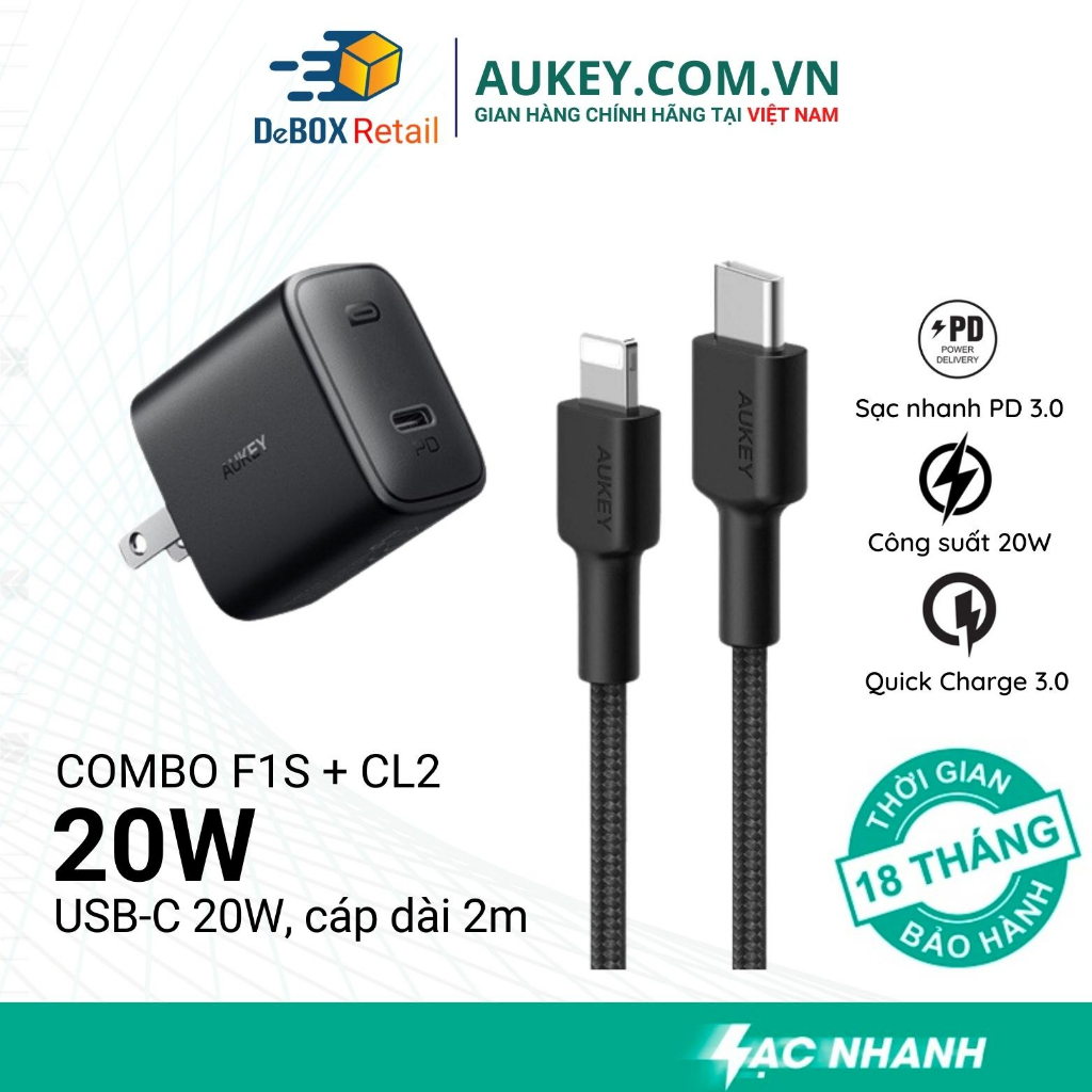 Combo AUKEY Bộ Củ Sạc Nhanh PA-F1S Power Delivery 20W, Dây Cáp Sạc CB-CL2 Dài 2m bện Nylon - Hàng chính hãng