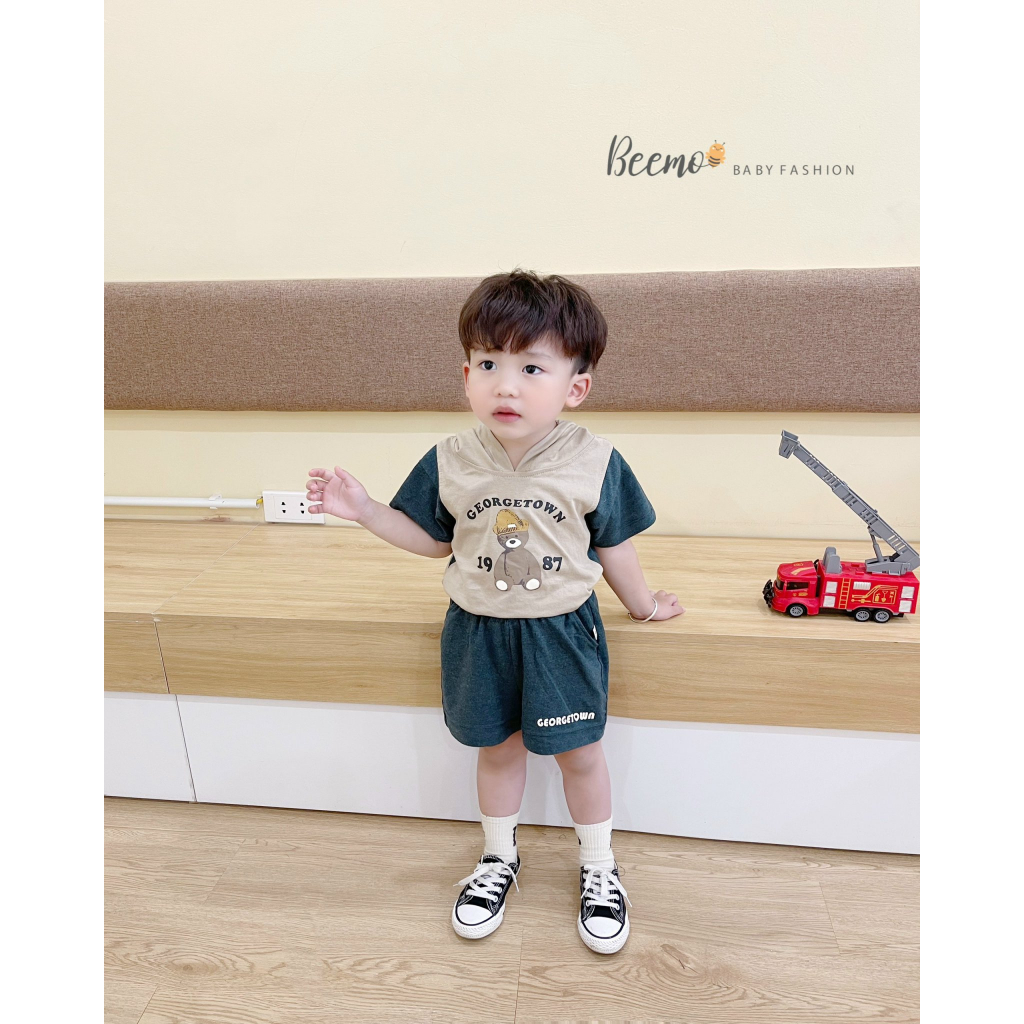 Set bộ quần áo bé trai Beemo hoodie in hình gấu phong cách hiphop, vải cotton mềm mại, co giãn từ 1 - 7 tuổi 23421B