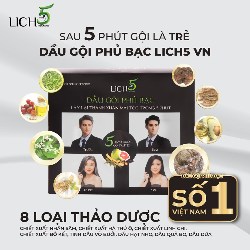 Dầu gội đen tóc phủ bạc Lich5 thảo dược Cỏ cây hoa lá, Nhuộm tóc đen Lich 5 Cocayhoala hộp 10 gói