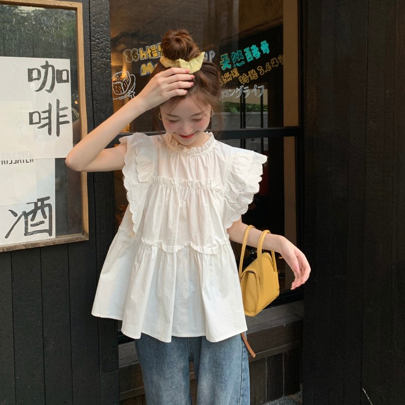 Áo Sơ Mi Babydoll Cổ Tròn Phối Bèo Màu Trắng Siêu Đáng Yêu