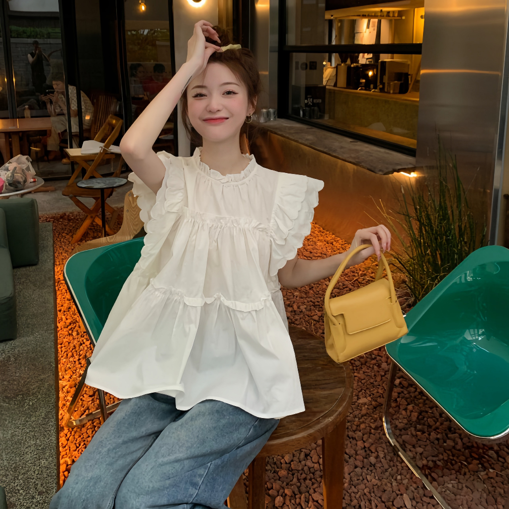 Áo Sơ Mi Babydoll Cổ Tròn Phối Bèo Màu Trắng Siêu Đáng Yêu