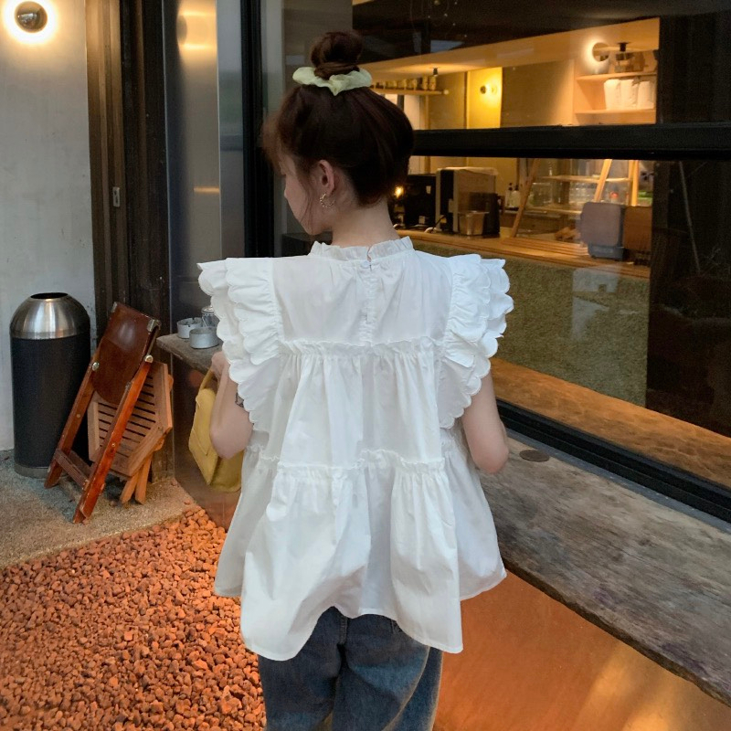 Áo Sơ Mi Babydoll Cổ Tròn Phối Bèo Màu Trắng Siêu Đáng Yêu