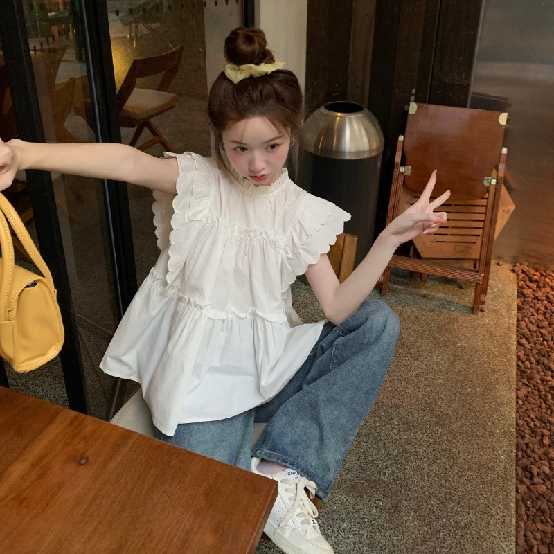 Áo Sơ Mi Babydoll Cổ Tròn Phối Bèo Màu Trắng Siêu Đáng Yêu