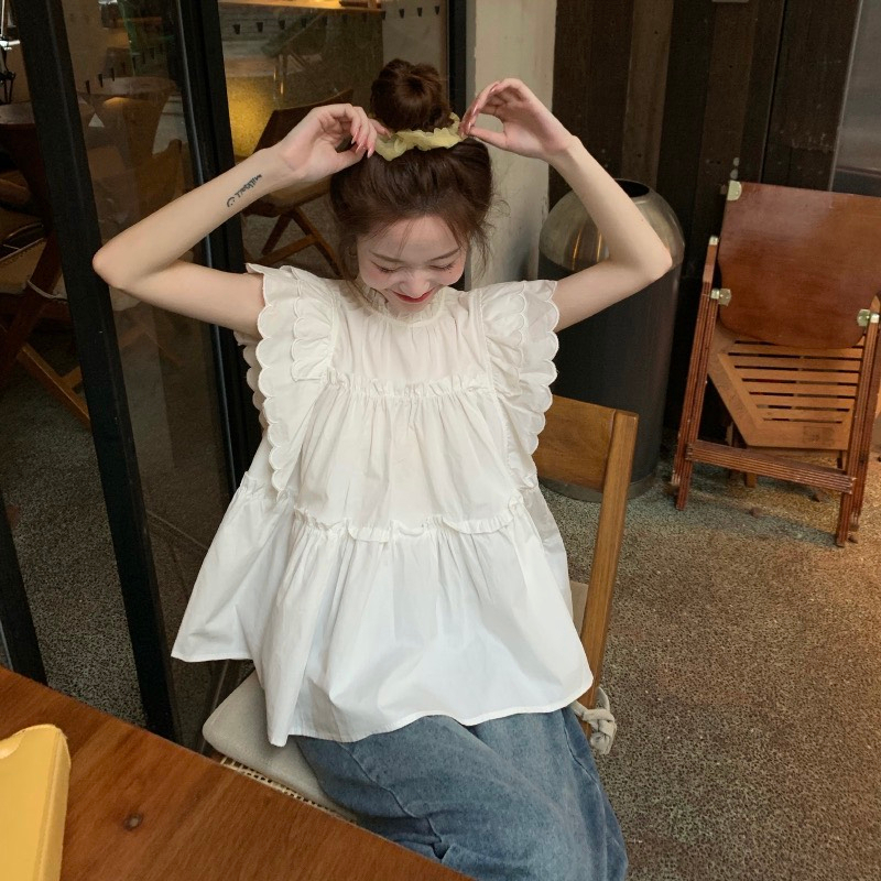 Áo Sơ Mi Babydoll Cổ Tròn Phối Bèo Màu Trắng Siêu Đáng Yêu