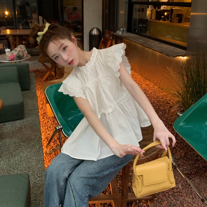 Áo Sơ Mi Babydoll Cổ Tròn Phối Bèo Màu Trắng Siêu Đáng Yêu