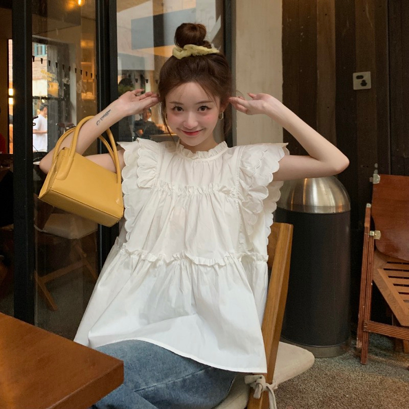 Áo Sơ Mi Babydoll Cổ Tròn Phối Bèo Màu Trắng Siêu Đáng Yêu