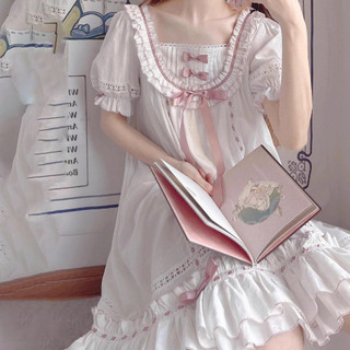(SẴN) Đầm lolita trắng thô viền ren hồng tay bo chun quảng châu