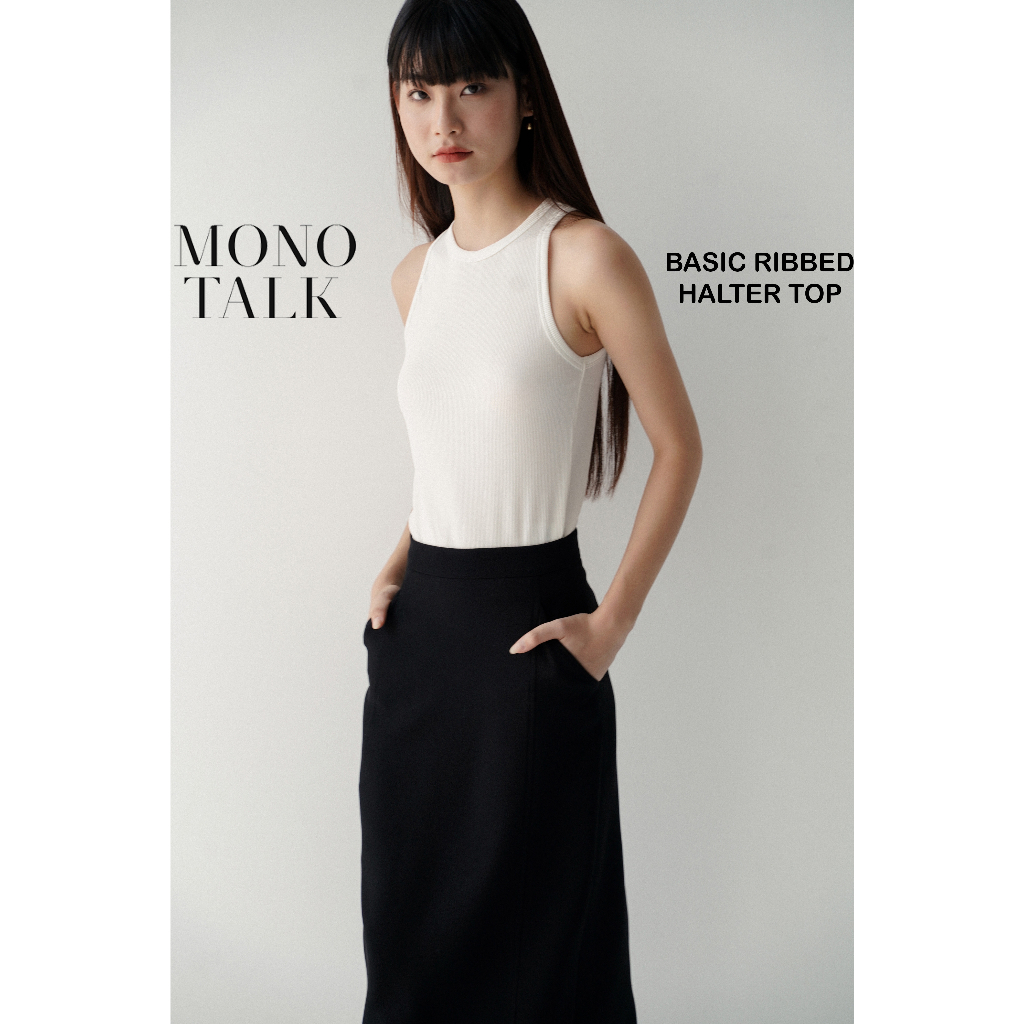 Áo ba lỗ nữ tank top MONOTALK dáng ôm cổ yếm co giãn màuTrắng T20002FT