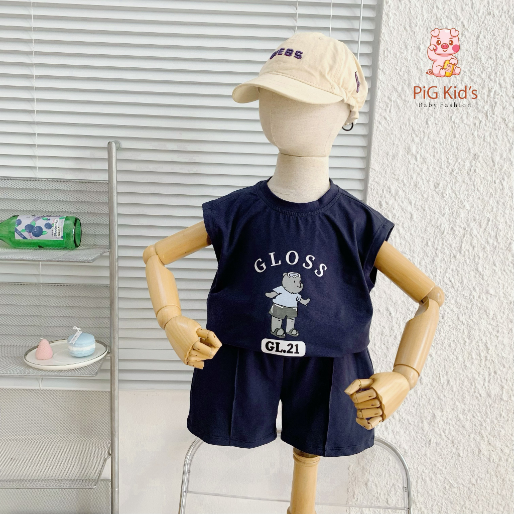 Set bộ cotton sát nách in gấu gloss Pig Kid cho bé
