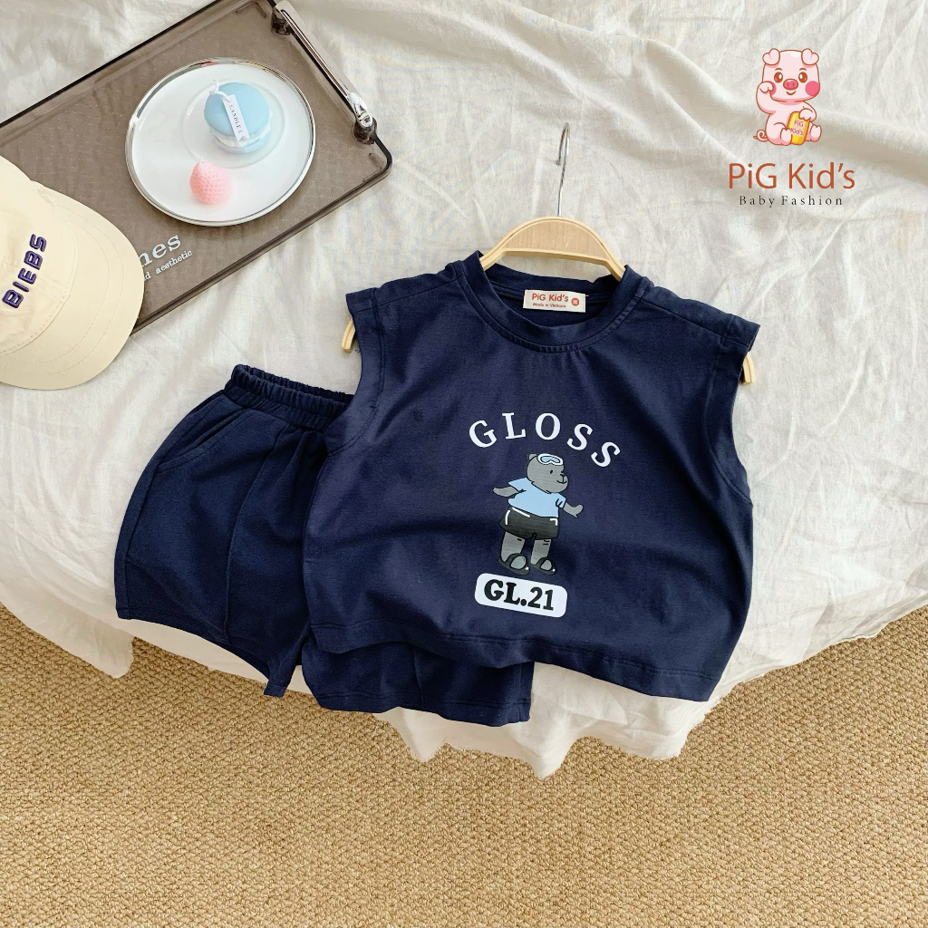 Set bộ cotton sát nách in gấu gloss Pig Kid cho bé
